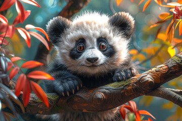 A young red panda with curious wide eyes blends into the surrounding green foliage, exploring its...
