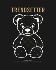 Bear doll line art t-shirt design and pattern with dots and dotted line, slogan - trendsetter. Typography graphics for tee shirt with bear. Vector illustration.
