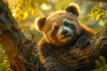 A red panda looks on lazily in the warm golden hour light, emphasizing its striking features