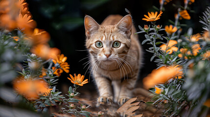   A tight shot of a cat among a blooming field of flowers, its face subtly softened by blur