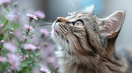  A tight shot of a feline gazing at a foregrounded purple-flowered plant against a softly blurred backdrop