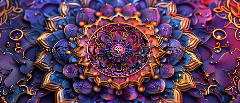 3D vector design of an Indian mandala, rich colors and detailed filigree, spiritual vibe,