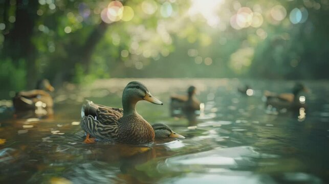 ducks are swimming in the river . seamless looping time-lapse virtual video Animation Background.