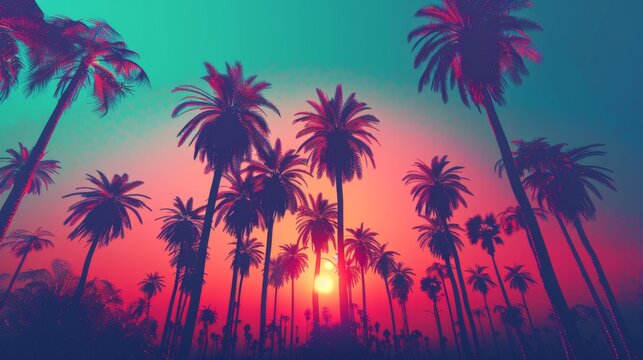 Tropical sunset silhouettes with vibrant colors