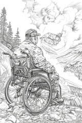 A contemplative man sits in a wheelchair, taking in the expansive view of towering mountains and a tranquil landscape