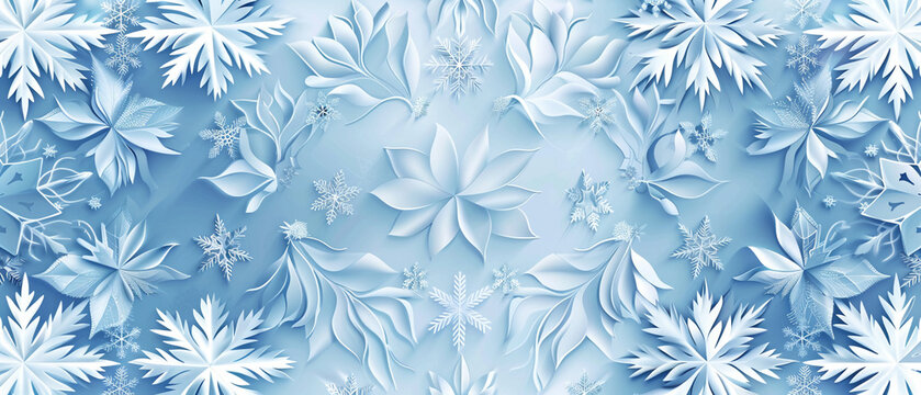Minimalistic 3D vector art of a Nordic winter pattern, cool tones and snowflake motifs,