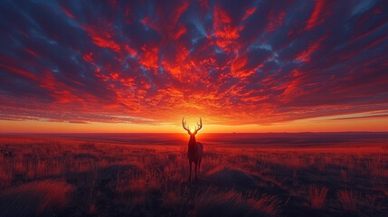 A man, arms raised, stands amidst a field as the sun descends