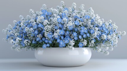   A white table holds a bouquet of blue and white flowers in a pristine vase Gray wall behind