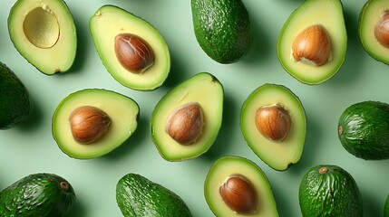 Fresh Whole and Halved Avocados on Green Background