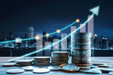 Coins stack with graph chart and night cityscape, economic concept