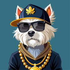 a west highland terrier dog dressed as a rapper with backwards baseball cap, sunglases and many gold chains (not pearls) and rings.