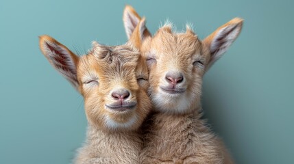   Two baby goats snuggle, noses touching, eyes shut, on a blue backdrop - obrazy, fototapety, plakaty