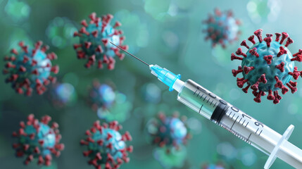 A close-up view of a syringe tip near 3D virus models, symbolizing vaccination or scientific research in virology - obrazy, fototapety, plakaty