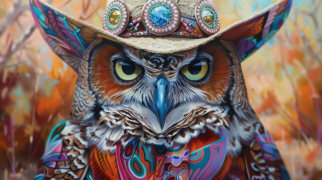 Capture the charm of a cute owl cowboy in a vibrant oil painting Show intricate details of feathers and cowboy attire from a unique worms-eye view perspective