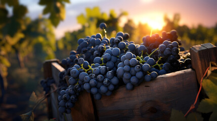 Blue vine grapes harvested in a wooden box with vineyard and sunshine in the background. Natural organic fruit abundance. Agriculture, healthy and natural food concept. Horizontal composition. - 783804751