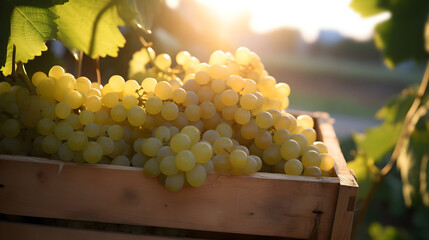 White vine grapes harvested in a wooden box with vineyard and sunshine in the background. Natural organic fruit abundance. Agriculture, healthy and natural food concept. Horizontal composition. - 783804761
