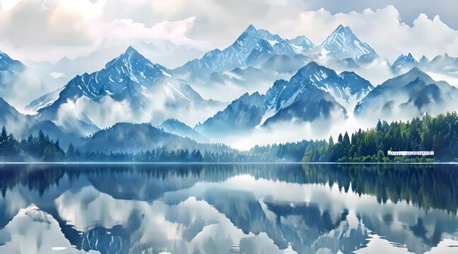 Misty Alpine Serenity, ethereal watercolor landscape depicts mist-shrouded mountains reflecting on a tranquil lake, imbuing a sense of calm and magnificence