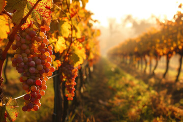 Vineyard in Golden Hour Light with Ripe Grapes Ready for Harvest - obrazy, fototapety, plakaty