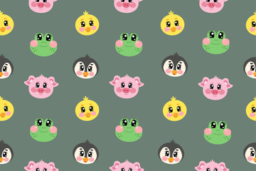 Cute kawaii seamless pattern with penguin, chick, frog and pig for kids on green isolated background	