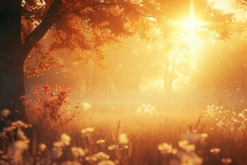 Naklejka na ściany i meble Sunlight Streaming Through Misty Autumn Trees in a Serene Meadow