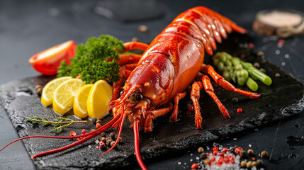 Delicious red lobster dish on a plate in a restaurant, isolated, with fresh seafood and crustaceans.
