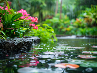  A tranquil rain scene over a water garden, with pink flowers and floating lily pads. - obrazy, fototapety, plakaty