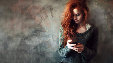 Red haired young woman consults her cell phone.