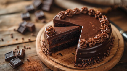 Chocolate cake slice with coffee beans on a white plate