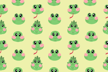 Seamless pattern with vector kawaii cute snakes, frogs, turtles and dinosaur face, head for kids, baby, childrens nursery, fabrics, textile