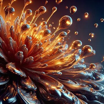 Glowing Metallic Abstract Flower Amidst Floating Illuminated Spheres on Dark Background
