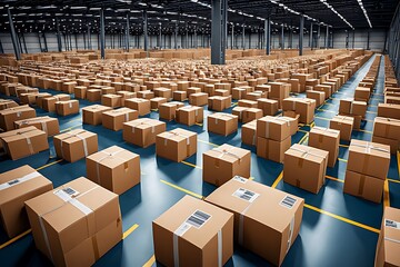  Conveyor belt in a distribution warehouse with a row of cardboard box parcels for e-commerce delivery and automated logistics concepts as a large banner with copy space design. 