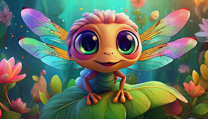 OIL PAINTING STYLE CARTOON CHARACTER CUTE BABY dragonfly on a leaf, top view. side front of face with big eyes