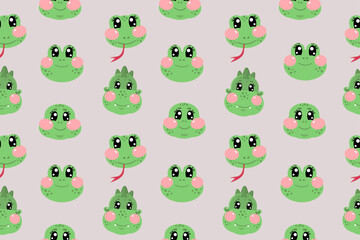 Seamless pattern with kawaii cute snake, frog, turtle and dinosaur face