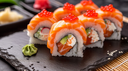 Sushi with salmon served on a plate.
