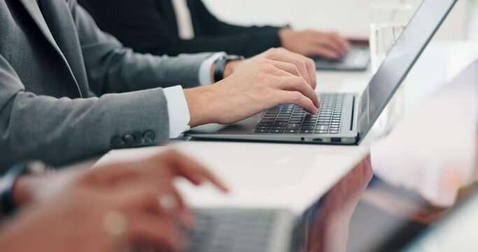 Laptop, hands and business people typing at table for information, research or email online in office. Computer, keyboard adn closeup of professional, coworking or group of consultants on web at desk