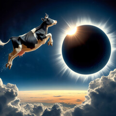 Black and white cow jumping in the sky with moon