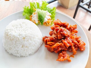 A plate of homemade Korean dish 'Dakganjeong' (sweet and spicy Korean fried chicken), served with white rice and salad