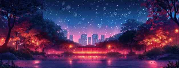 Fotobehang Holiday event with music festival in city park at night. Dark urban public garden landscape with fireworks over stage for concert. Cartoon vector illustration of scene for outdoor entertainment © Jennifer