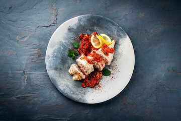 Gebratene Calamari Tuben mit Reisfüllung in Salsiccia Hackfleisch Tomatensoße serviert als Draufsicht auf einem Design Teller mit Textfreiraum © HLPhoto
