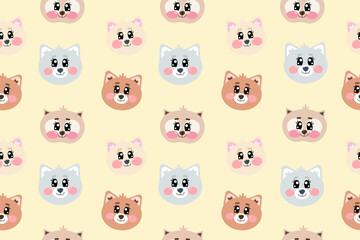 Seamless pattern with cute kawaii cat, kitty, kitten face or head for nursery, print or textile for kids on light soft yellow background