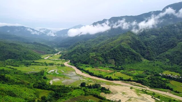 Aerial view of beautiful mountain valley in nungba near longsai village and leimatak river.Nature landscape image of manipur in india.