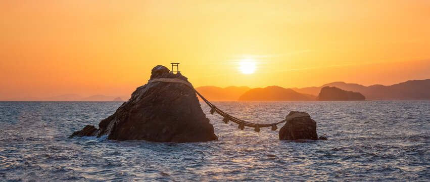 Sunrise at the sacred Meoto Iwa Rocks also known as the Wedded Rocks, Futami, Mie Prefecture, Japan