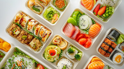 Fototapeta na wymiar Authentic Japanese Bento Boxes Brimming with Sushi and Fresh Ingredients for a Delicious Lunch