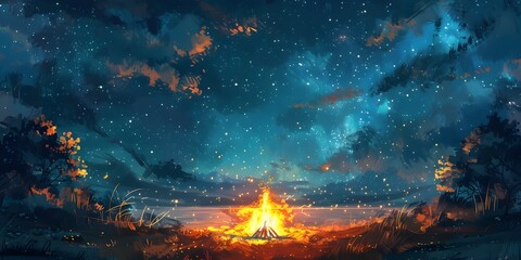 Cozy Campfire Gathering Under the Starry Summer Sky Intimate Moment of Friends Bonding and Storytelling in Natural Wilderness Setting - obrazy, fototapety, plakaty