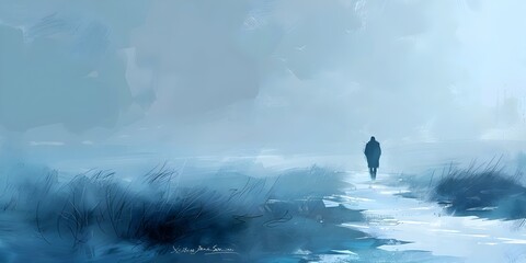Solitary Winter Stroll through a Serene Snow Blanketed Landscape - obrazy, fototapety, plakaty