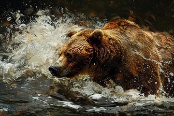 A beautiful rushing stream Salmon swimming upstream A grizzly bear swiping at fish as they swim by Textured painterly artistic Impasto effect - obrazy, fototapety, plakaty