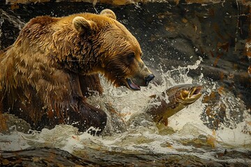 Obraz premium A beautiful rushing stream Salmon swimming upstream A grizzly bear swiping at fish as they swim by Textured painterly artistic Impasto effect