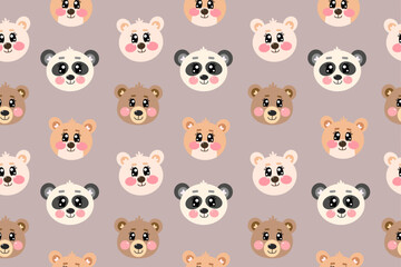 Seamless pattern with kawaii head bears, face of bear, panda isolated on light brown, beige background. Cute children illustration, wallpapers for baby nursery, fabrics, textile, postcards