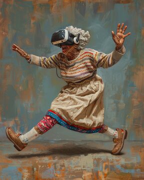 a caricature of an old african american woman wearing a frumpy housedress, sweater, ankle socks and crocs