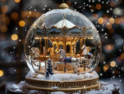 a carousel inside of a snow globe, festive collectible, exquisite glass ornament, studio photography, sparkly dark background